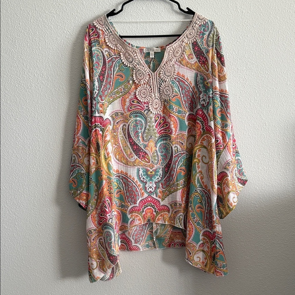 Spense Boho Paisley Crochet Neck Blouse Size 1X